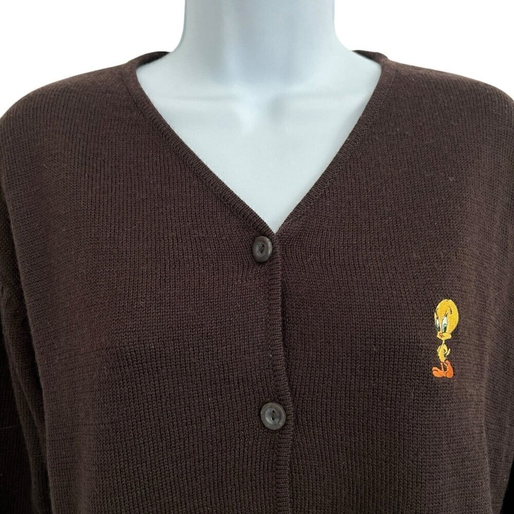 Vtg Warner Bros. Women XL Brown Embroidered Tweety Bird Button Cardigan Sweater